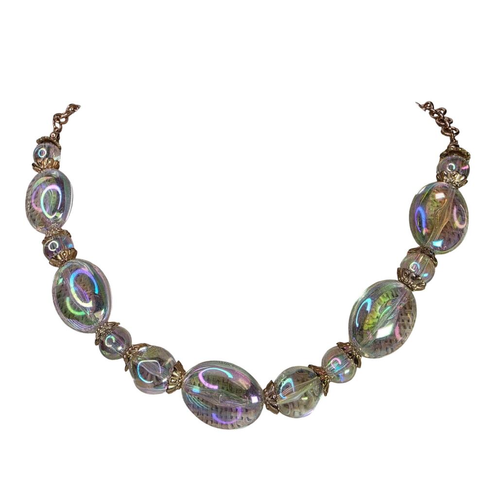 Vintage Necklace Clear Bead w/ Gold Tone Spacers & Chain 19 Inch